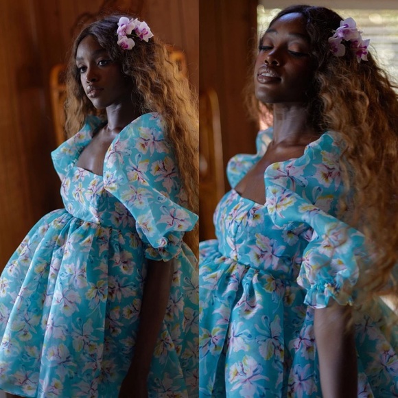 Selkie Dresses & Skirts - Selkie tropical blue floral puff mini dress size XS NEW! New without tags!